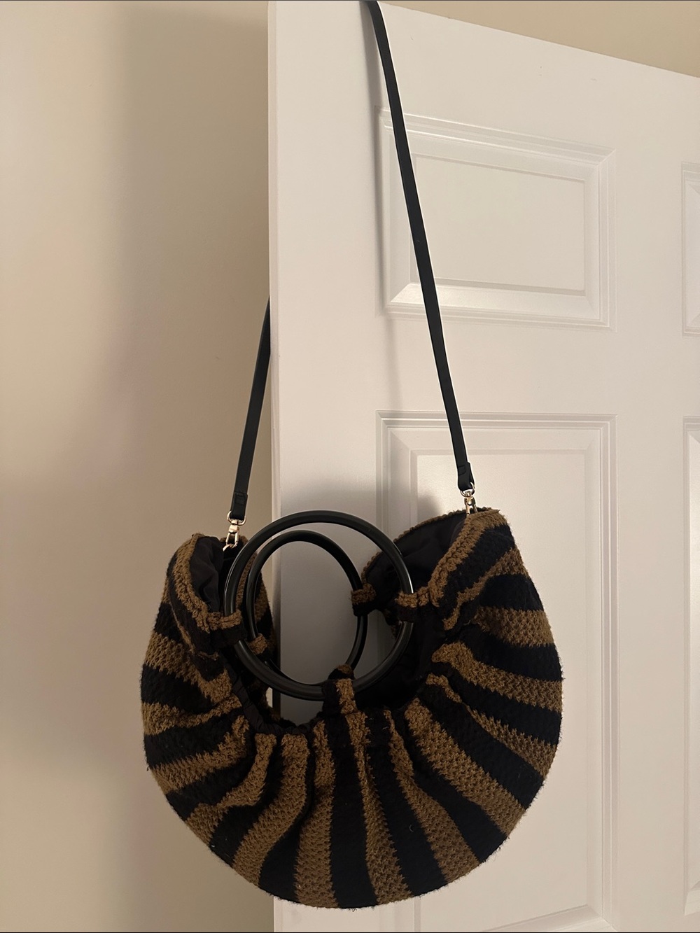 Anthropologie Black and Brown Striped Crescent Shoulder Bag